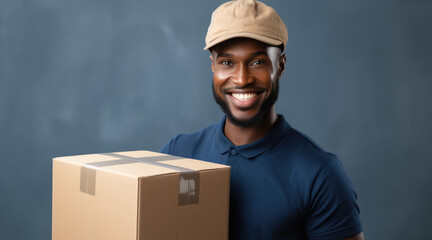 A man with a smile on his face holds a cardboard box in his hands. - obrazy, fototapety, plakaty
