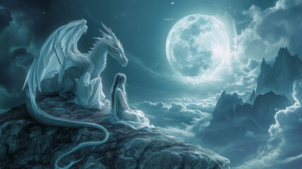As the moon rises an angel and dragon sit upon a mountaintop lost in deep conversation and mutual respect. - obrazy, fototapety, plakaty