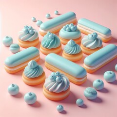 Pastel blue delicious eclairs on a pastel pink background. Tasty dessert food for coffee break concept in minimalism style. Realistic 3D render. Wide screen wallpaper, for design and banners.
