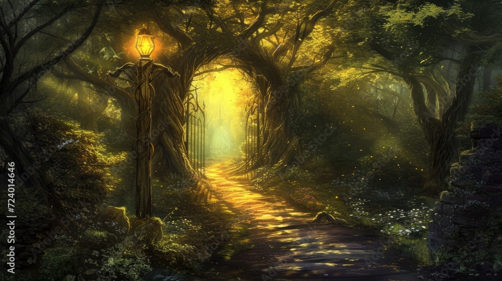 Poster painting of a path winding through a dense forest generative ai