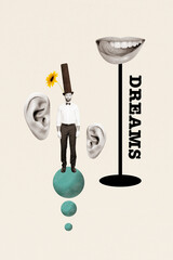 Collage 3d image pinup pop retro sketch of funny man gentleman high hat spheres ears mouth dreams...