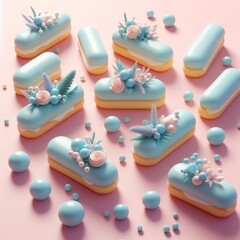 Pastel blue delicious eclairs on a pastel pink background. Tasty dessert food for coffee break concept in minimalism style. Realistic 3D render. Wide screen wallpaper, for design and banners.