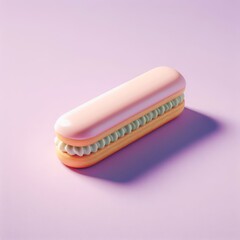 Colorful delicious eclairs on a pastel pink background. Tasty dessert food for coffee break concept in minimalism style. Realistic 3D render. Wide screen wallpaper, for design and banners.
