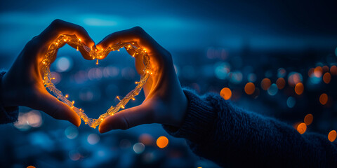 Woman holding shaped-heart string of light in her hands. Romantic Valentine's Day background with copy space - Powered by Adobe