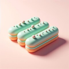 Pastel mint delicious eclairs on a pastel pink background. Tasty dessert food for coffee break concept in minimalism style. Realistic 3D render. Wide screen wallpaper, for design and banners.