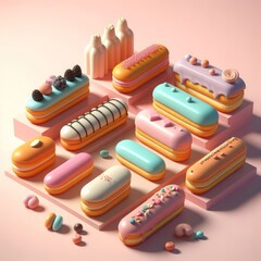 Colorful delicious eclairs on a pastel pink background. Tasty dessert food for coffee break concept in minimalism style. Realistic 3D render. Wide screen wallpaper, for design and banners.