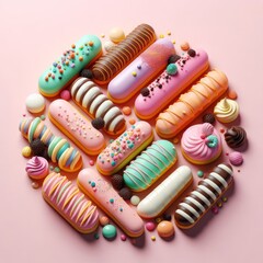 Colorful delicious eclairs on a pastel pink background. Tasty dessert food for coffee break concept in minimalism style. Realistic 3D render. Wide screen wallpaper, for design and banners.