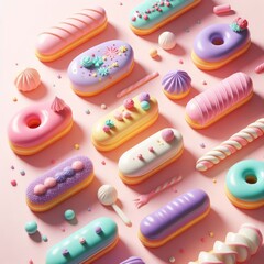 Colorful delicious eclairs on a pastel pink background. Tasty dessert food for coffee break concept in minimalism style. Realistic 3D render. Wide screen wallpaper, for design and banners.