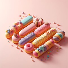 Colorful delicious eclairs on a pastel pink background. Tasty dessert food for coffee break concept in minimalism style. Realistic 3D render. Wide screen wallpaper, for design and banners.