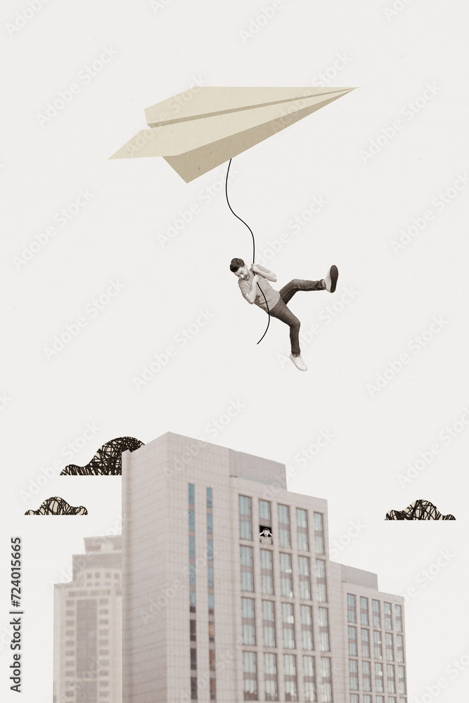 Poster collage 3d image of pinup pop retro sketch of funny young man hang paper plane flying over building 