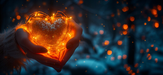 Woman holding shaped-heart string of light in her hands. Romantic Valentine's Day background with copy space