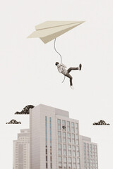 Collage 3d image of pinup pop retro sketch of funny young man hang paper plane flying over building freak bizarre unusual fantasy billboard