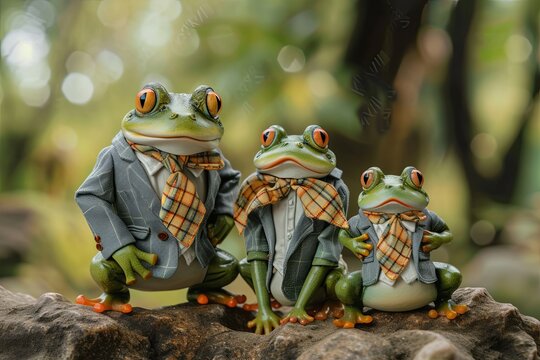frog family wearing suits 90 retro style taking a picture with the kids