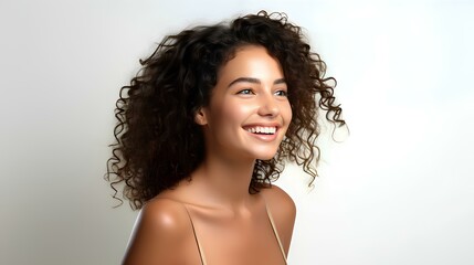 Beautiful woman with curly hair smiles and enjoys flawless glowing skin with copy space for your advertisement. Skin care. Generative AI.