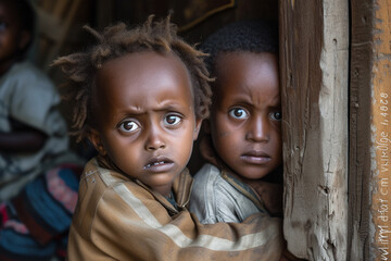 Fototapeta na wymiar Close up portrait of young dark skin poor african child in street slums 