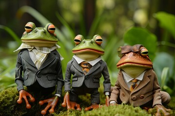 frog family wearing suits 90 retro style taking a picture with the kids - obrazy, fototapety, plakaty