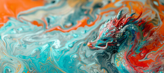 Fototapeta na wymiar a dragon made of liquid paint colorful on melting colors background as Chinese new year concept.