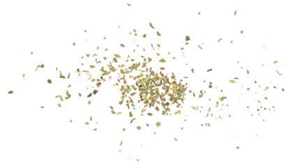 Dried and chopped up basil spice pile isolated on white background, top view