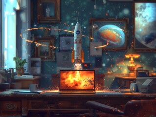 Rocket Launch from Laptop Concept in Vintage Study.