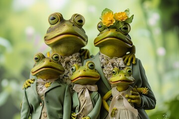 frog family wearing suits 90 retro style taking a picture with the kids