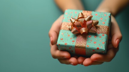  a person holding a gift wrapped in a blue and gold wrapping paper with a red bow on top of it, in front of a teal background of a blue wall.