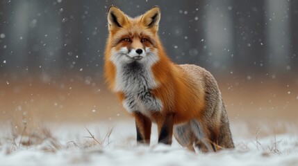  a close up of a fox in a field of snow with trees in the background and snow flakes on the ground and grass in front of the foreground.