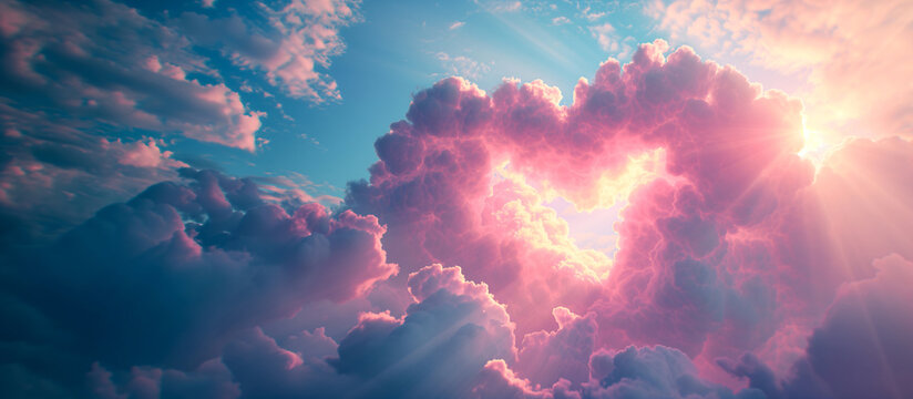 Heart-shaped cloud in the dreamy pink and blue sky. Romantic Valentine's Day Concept