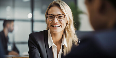 Portrait of attractive blondie haired female entrepreneur smiling to her colleague on office indoor background. Confident businesswoman. Web banner template. - obrazy, fototapety, plakaty