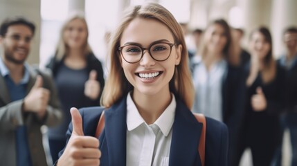 Smiling businesswoman showing thumbs up with colleagues.