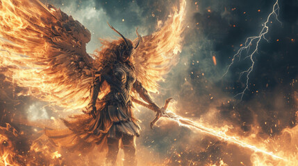 With her fiery wings and spear of lightning a Valkyrie appears almost otherworldly as she prepares for battle. - obrazy, fototapety, plakaty