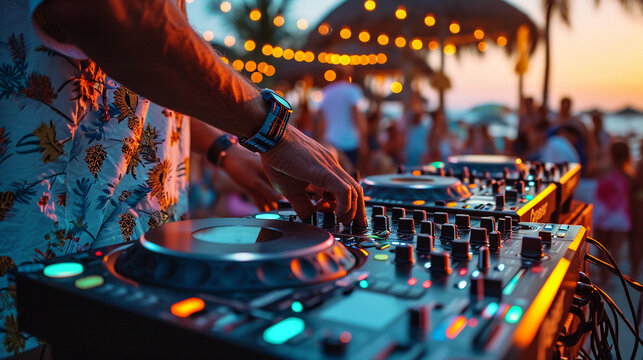Dj performing live at tropical beach party at lovely evening, close up portrait of hands mastering the dj mixer turntable