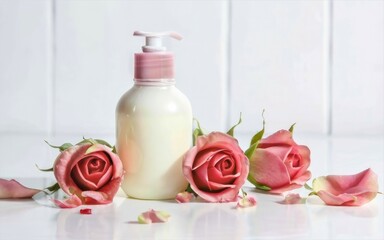 Fototapeta na wymiar Body or face natural care lotion or bath milk decorated with rose flowers and petals 