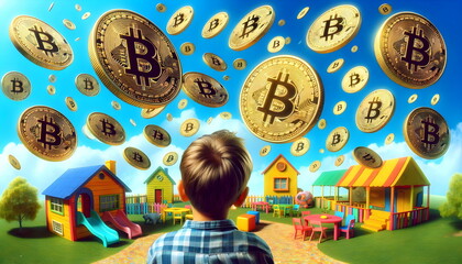 flying bitcoins over child head