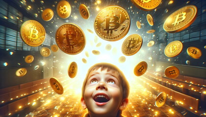flying bitcoins over child head