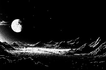 Alien planet landscape in retro dotwork style. Planets and satellites over unknown planet in space. Sci-fi world landscape beyond our galaxy.