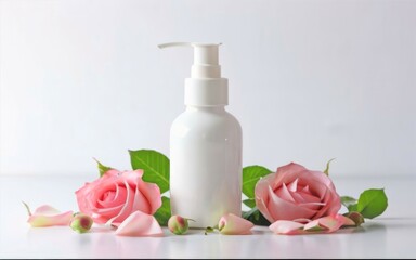 Obraz na płótnie Canvas Body or face natural care lotion or bath milk decorated with rose flowers and petals 