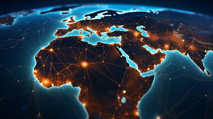 Naklejka premium World map from space highlighting african continent, concept of satellite communication and technology