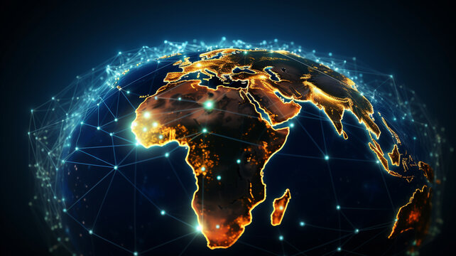 Fototapeta World map from space highlighting african continent, concept of satellite communication and technology