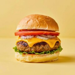 Delicious Cheese Beef Burger consists of Bun Bread, Patty, Pickle, Onion, Mayonaisse, Ketchup and Cheddar Cheese in a yellow background
