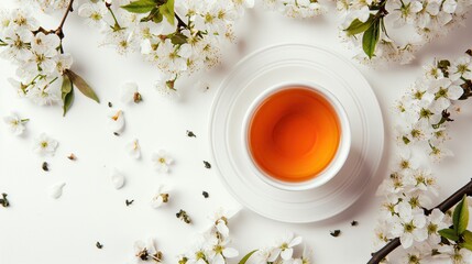 Fototapeta na wymiar Cup of tea on white background with flowers around