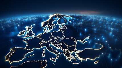World map from space highlighting Europe, concept of satellite communication and technology - obrazy, fototapety, plakaty