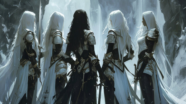 A group of Valkyries are gathered discussing their next duty with solemn expressions and a sense of unwavering duty.