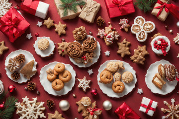 Fototapeta na wymiar Christmas treats arranged on a festively decorated surface.