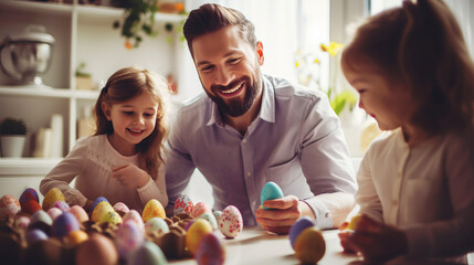 father and daughters coloring easter eggs at home