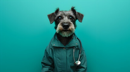 Cute Small Dog Wearing a Green Jacket and Blue Doctor Coat