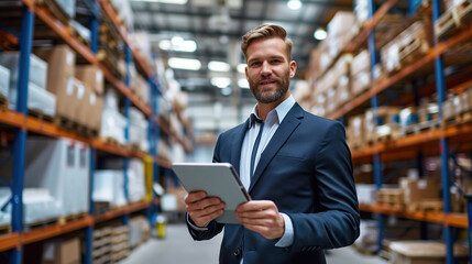 a man in a formal suit inspects a warehouse