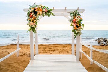 Fototapeta na wymiar Romantic beach wedding arch decorated with beautiful flowers overlooking the tranquil ocean. Perfect for a dreamy seaside ceremony.