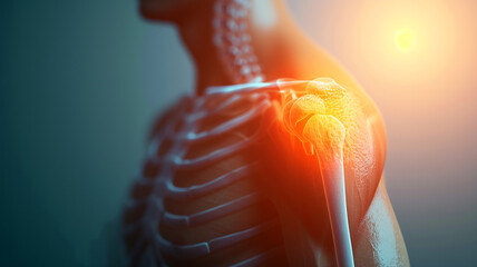 Shoulder pain, broken bones or inflammation, highlighted glowing area