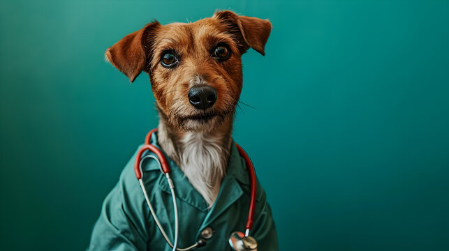 Cute Dog in a Dress with Stethoscope on Green Background