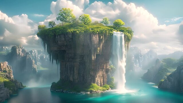 Flying Island. Fantasy paradise land with waterfall, trees, mountains, clouds. Floating tropical land with beautiful scenery. white clouds moving and Island floating in the sky.Magical landscape mp4